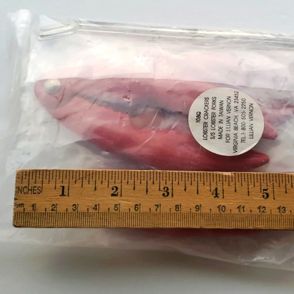 Vintage Lilian Vernon Set of 4 Red Enamel Lobster Cracker & Stainless Steel Fork